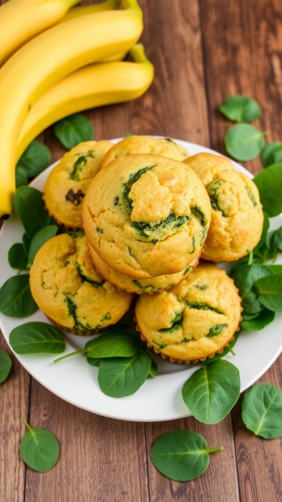Freshly baked spinach banana muffins with visible green spinach, stacked on a plate, with bananas and spinach leaves.